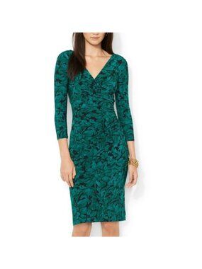 Ralph Lauren Green Black Floral Ruched Jersey Dress Size 2 Stretch Wedding Party